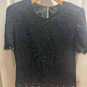 Vintage Laurence Kazar Black Silk Bead And Sequins Top Size M